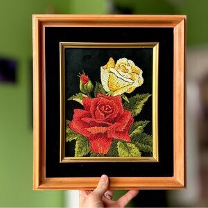 VTG Handmade Material Framed Floral Roses Velvet Background Textured Wall Art